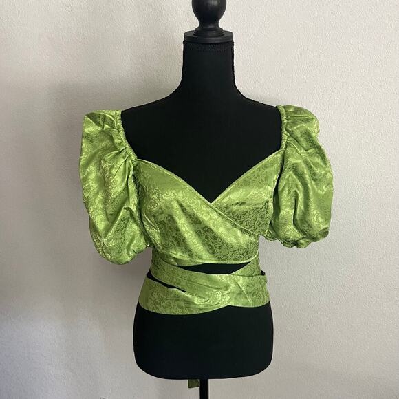 Ronny Kobo Tops - Ronny Kobo Satin Wrap Puff Sleeve Crop Top